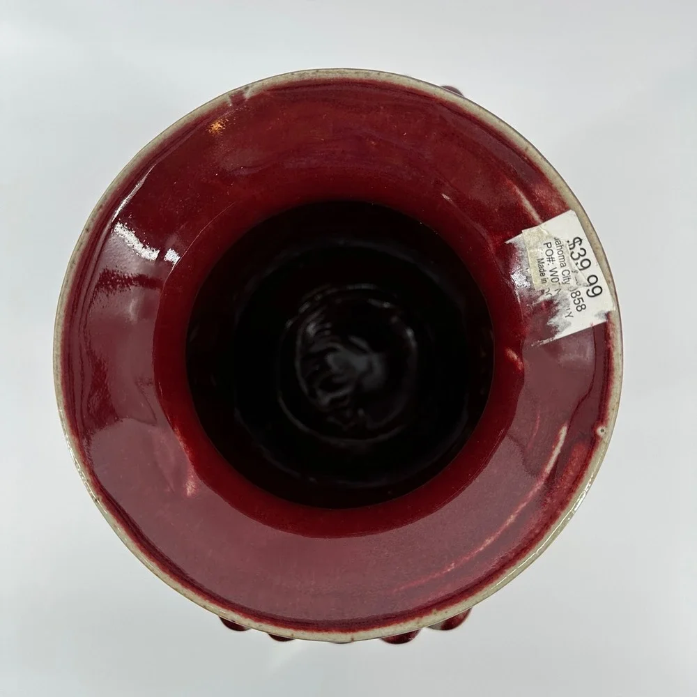 Burgundy Glazed Ceramic Fleur De Lis Vase with Scrolled Handles 12 Inch